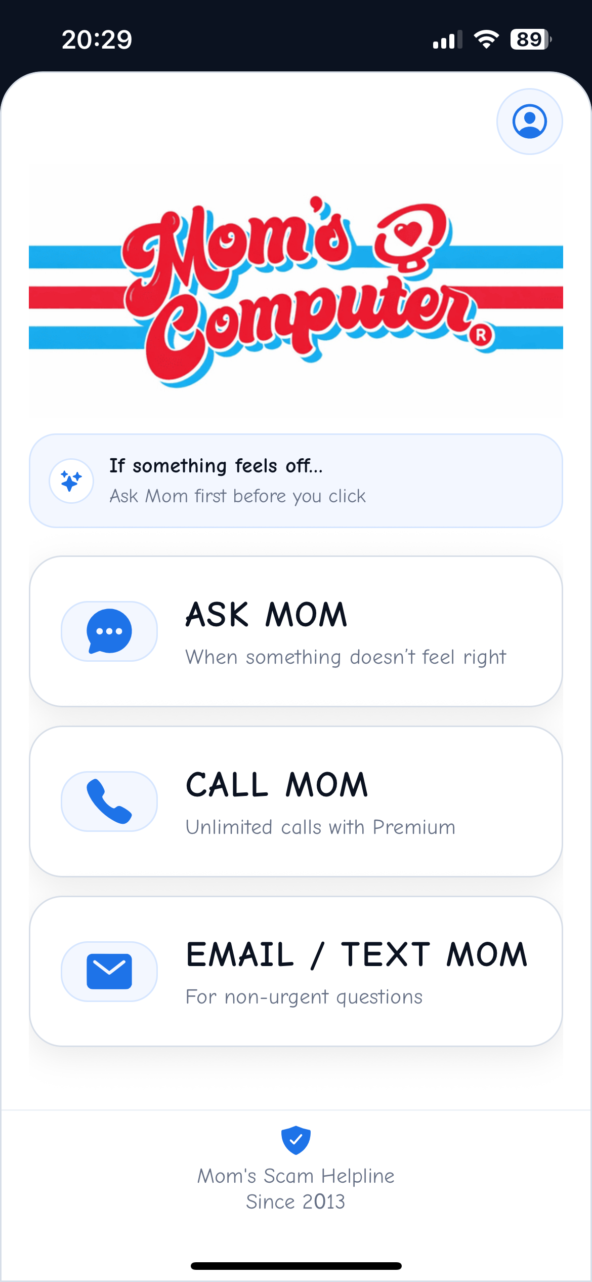 Mom’s Computer Scam Helpline App screen preview